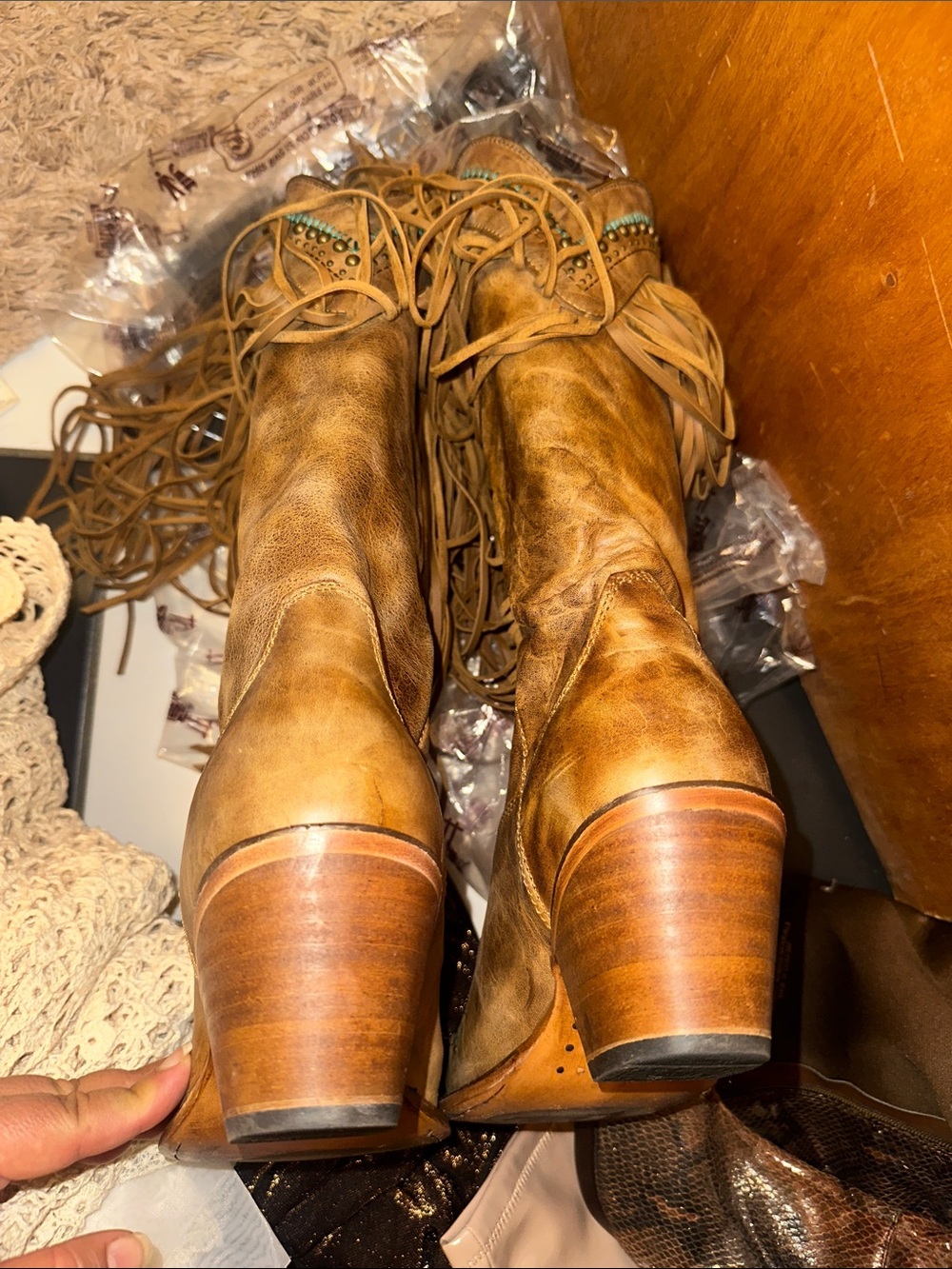 Corral Brown Leather Fringe Cowboy Boots with Turquoise Accents - Picture 10 of 10